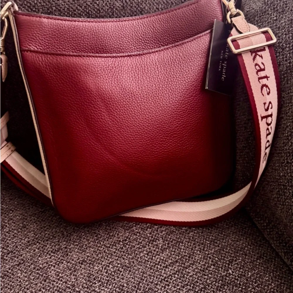 kate spade Pebbled Leather Shoulder Bag in Burgundy with Branded Strap